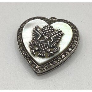 Theda 1940s Sterling, Mother Of Pearl, Marcasite WWII Sweetheart Locket Pendant